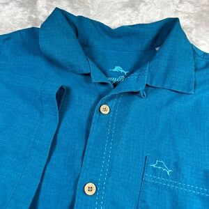 Tommy Bahama Men's Medium Shirt Teal Blue IslandZone Silk Blend Jacquard Marlin